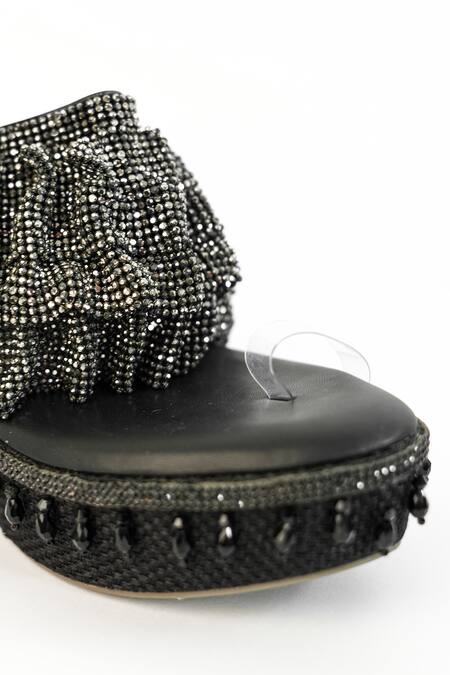 Shop Sana K luxurious Footwear Black Rhinestones, Chains Falling Mesh Embellished Wedges Shop_Sana K luxurious Footwear_Black Rhinestones, Chains Falling Mesh Embellished Wedges