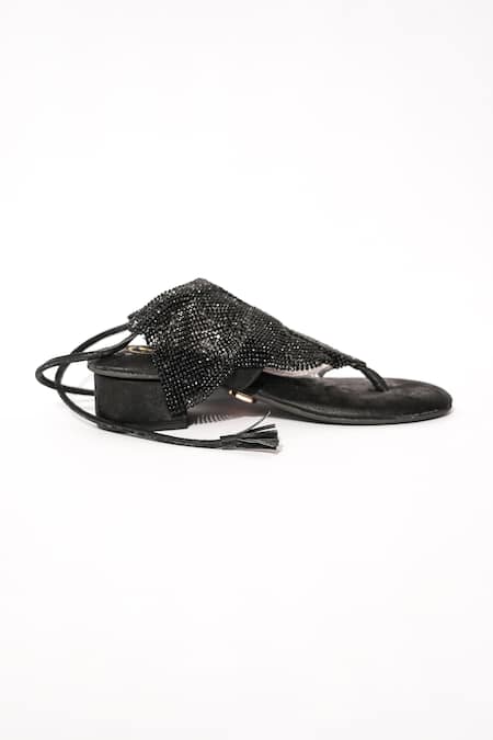 Shop_Sana K luxurious Footwear_Black Rhinestones Embellished Jelly Mesh Heels _Online_at_Aza_Fashions