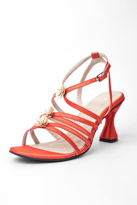 Sana K luxurious Footwear Orange Floret Embellished Criss Cross Strap Heels 