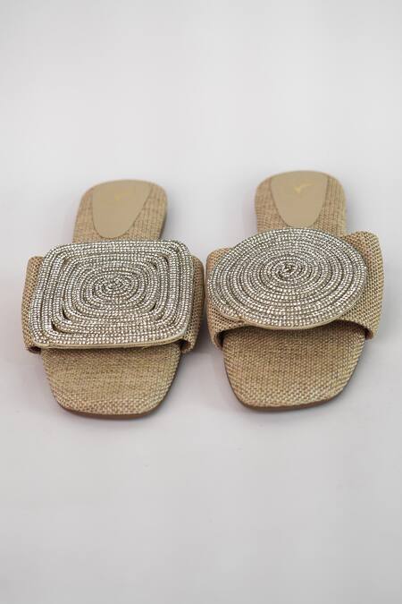 Sana K luxurious Footwear_Beige Rhinestone Cube Globe Jute Flats _Online_at_Aza_Fashions