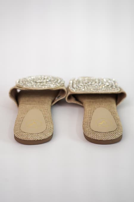 Buy_Sana K luxurious Footwear_Beige Rhinestone Cube Globe Jute Flats _Online_at_Aza_Fashions