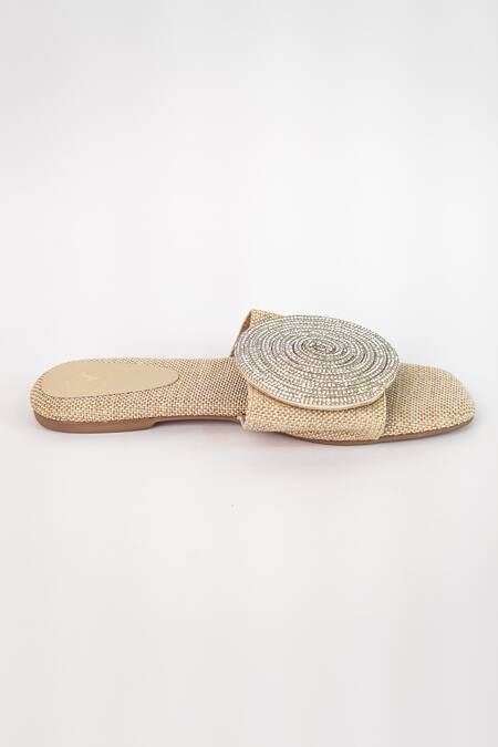Shop_Sana K luxurious Footwear_Beige Rhinestone Cube Globe Jute Flats _Online_at_Aza_Fashions