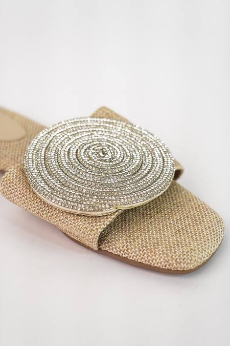 Buy_Sana K luxurious Footwear_Beige Rhinestone Cube Globe Jute Flats 