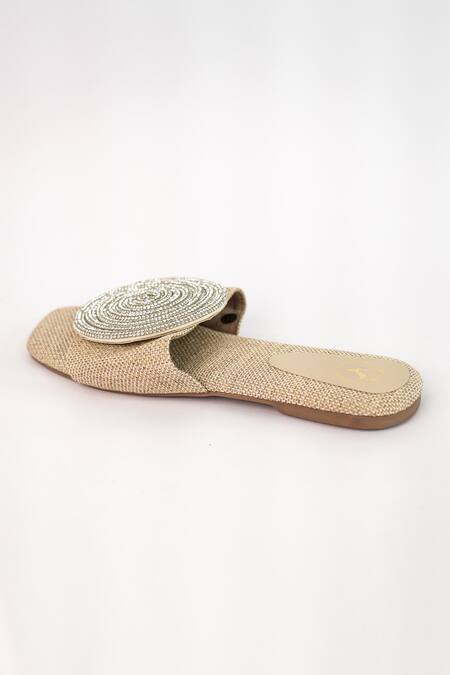 Shop_Sana K luxurious Footwear_Beige Rhinestone Cube Globe Jute Flats 