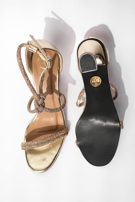Shop Sana K luxurious Footwear Gold Rhinestones Dior Embellished Knot Heels at Aza Fashions Shop_Sana K luxurious Footwear_Gold Rhinestones Dior Embellished Knot Heels _at_Aza_Fashions