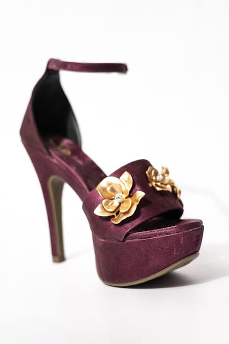 Sana K luxurious Footwear Maroon Forever Rose Embellished Elevated Heels 