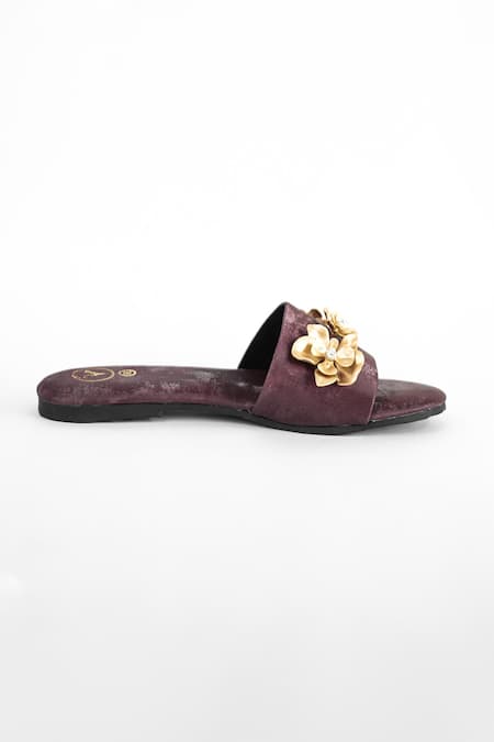 Shop_Sana K luxurious Footwear_Maroon Forever Rose Embellished Flats _Online_at_Aza_Fashions