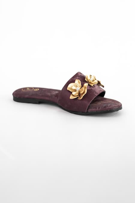 Shop_Sana K luxurious Footwear_Maroon Forever Rose Embellished Flats 