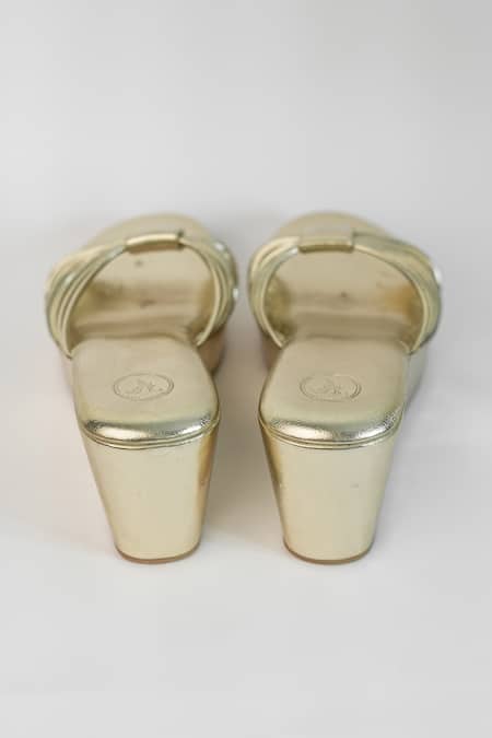 Buy_Sana K luxurious Footwear_Gold Ribbed Biscuit Strap Heels _Online_at_Aza_Fashions