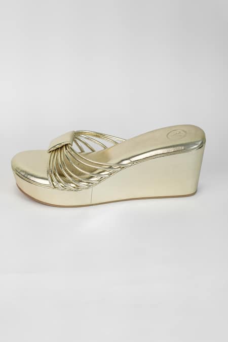 Shop_Sana K luxurious Footwear_Gold Ribbed Biscuit Strap Heels _Online_at_Aza_Fashions