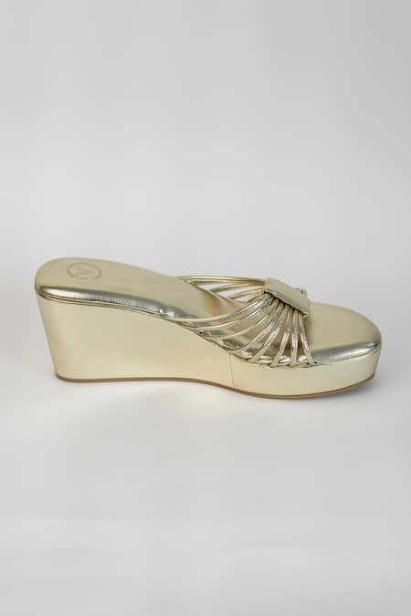Sana K luxurious Footwear_Gold Ribbed Biscuit Strap Heels _at_Aza_Fashions