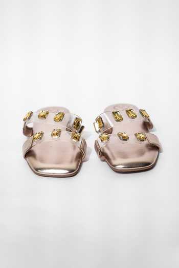 Sana K Luxurious Footwear_Gold Crystal Embellished Clear Strap Flats _Online_at_Aza_Fashions