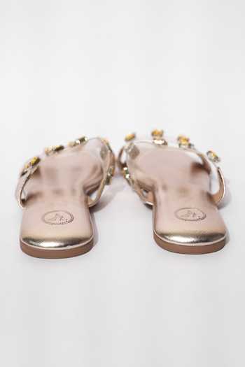 Buy_Sana K Luxurious Footwear_Gold Crystal Embellished Clear Strap Flats _Online_at_Aza_Fashions