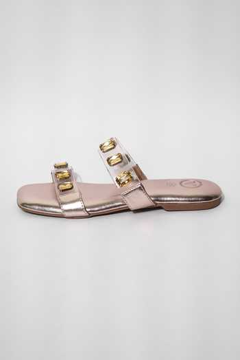 Shop_Sana K Luxurious Footwear_Gold Crystal Embellished Clear Strap Flats _Online_at_Aza_Fashions
