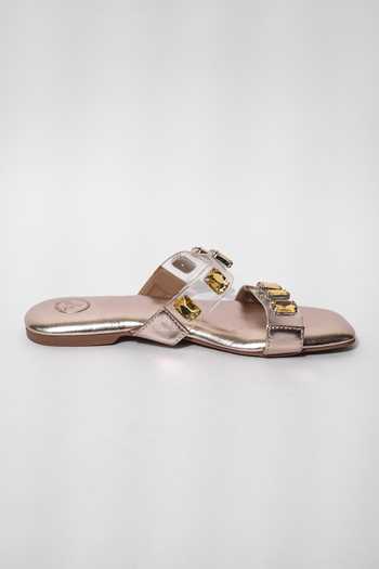 Sana K Luxurious Footwear_Gold Crystal Embellished Clear Strap Flats _at_Aza_Fashions