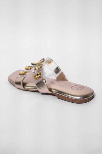 Buy_Sana K Luxurious Footwear_Gold Crystal Embellished Clear Strap Flats 