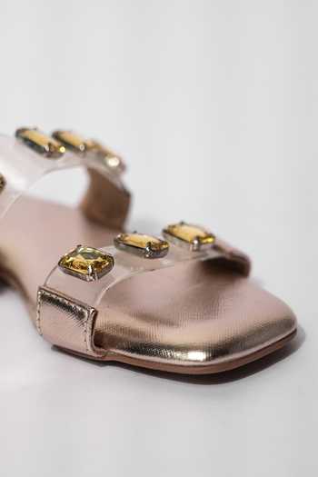 Shop_Sana K Luxurious Footwear_Gold Crystal Embellished Clear Strap Flats 
