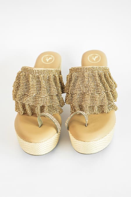 Sana K luxurious Footwear Gold Falling Mesh Embellished Wedges 