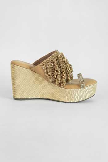 Shop Sana K luxurious Footwear Gold Rhinestones, Chains Falling Mesh Embellished Wedges Online at Aza Fashions Shop_Sana K luxurious Footwear_Gold Rhinestones, Chains Falling Mesh Embellished Wedges _Online_at_Aza_Fashions