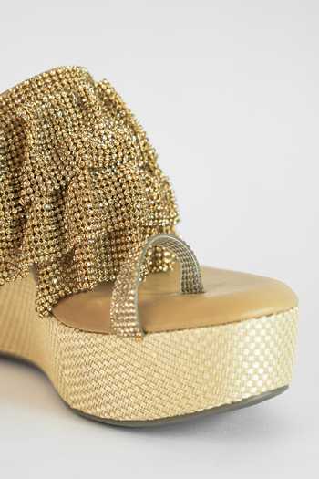Sana K luxurious Footwear Gold Rhinestones, Chains Falling Mesh Embellished Wedges at Aza Fashions Sana K luxurious Footwear_Gold Rhinestones, Chains Falling Mesh Embellished Wedges _at_Aza_Fashions