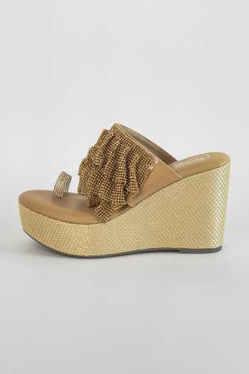 Buy Sana K luxurious Footwear Gold Rhinestones, Chains Falling Mesh Embellished Wedges Buy_Sana K luxurious Footwear_Gold Rhinestones, Chains Falling Mesh Embellished Wedges