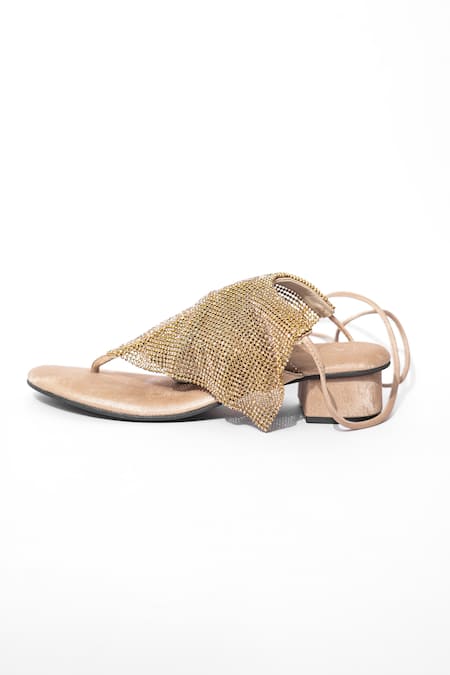Buy_Sana K luxurious Footwear_Gold Rhinestones Embellished Jelly Mesh Heels _Online_at_Aza_Fashions