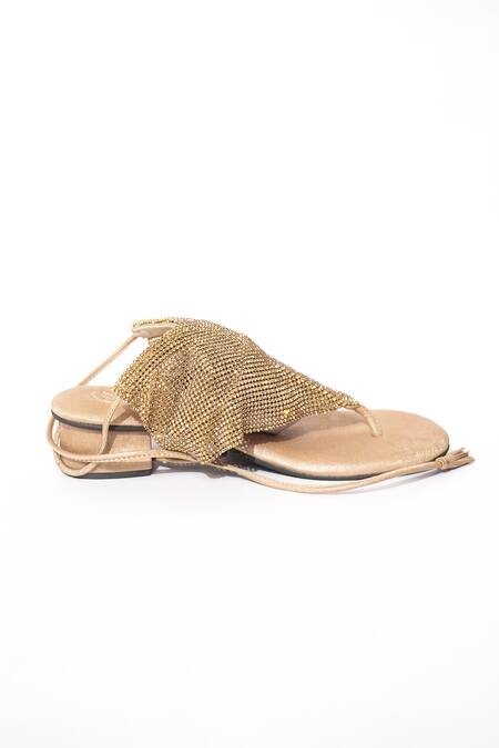 Shop_Sana K luxurious Footwear_Gold Rhinestones Embellished Jelly Mesh Heels _Online_at_Aza_Fashions