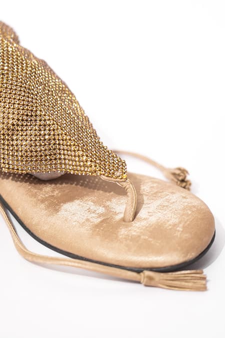 Sana K luxurious Footwear_Gold Rhinestones Embellished Jelly Mesh Heels _at_Aza_Fashions