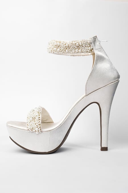 Shop_Sana K luxurious Footwear_White Pearls Khushi Embellished Heels _Online_at_Aza_Fashions