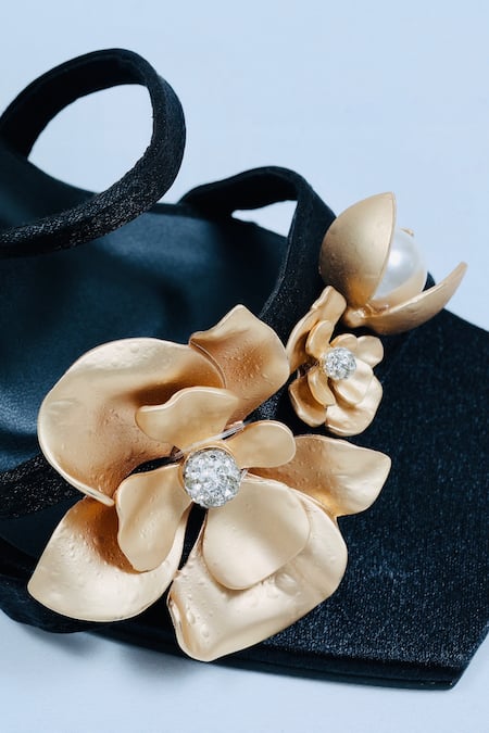 Shop_Sana K luxurious Footwear_Black Pearls, Diamonds La Floral Embellished Heels _Online_at_Aza_Fashions