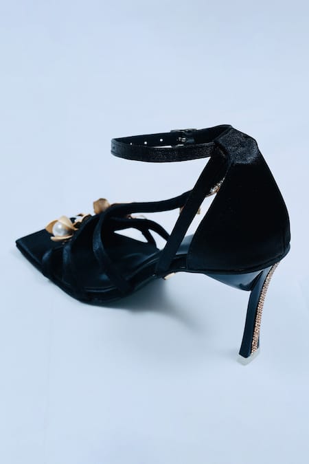 Sana K luxurious Footwear_Black Pearls, Diamonds La Floral Embellished Heels _at_Aza_Fashions