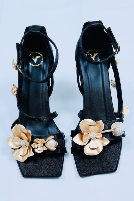 Buy_Sana K luxurious Footwear_Black Pearls, Diamonds La Floral Embellished Heels 