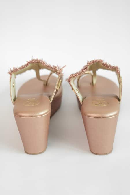 Sana K luxurious Footwear_Rose Gold Rhinestones Tassel Strap Kolhapuri Wedges _Online_at_Aza_Fashions