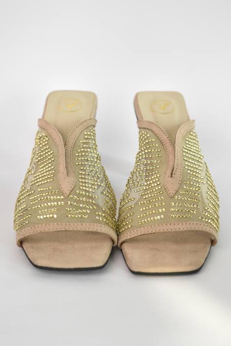 Sana K luxurious Footwear_Beige Rhinestones Shark Net Studded Heels _Online_at_Aza_Fashions