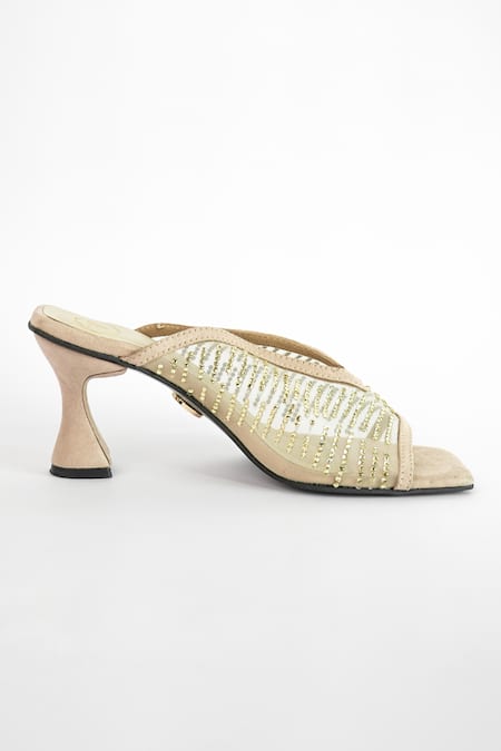 Shop_Sana K luxurious Footwear_Beige Rhinestones Shark Net Studded Heels _Online_at_Aza_Fashions