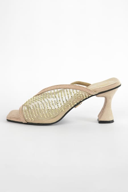 Sana K luxurious Footwear_Beige Rhinestones Shark Net Studded Heels _at_Aza_Fashions