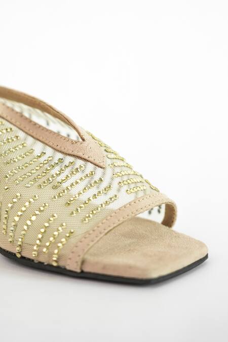 Buy_Sana K luxurious Footwear_Beige Rhinestones Shark Net Studded Heels 