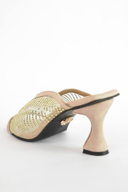 Shop_Sana K luxurious Footwear_Beige Rhinestones Shark Net Studded Heels 