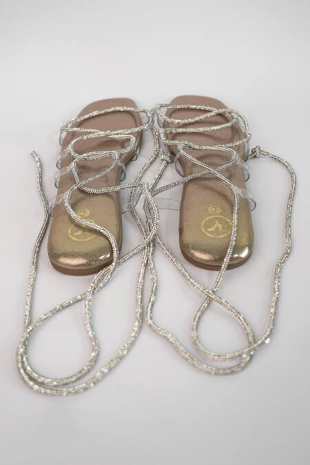 Sana K luxurious Footwear Gold Rhinestone Embellished Shoe Lace Flats Online at Aza Fashions Sana K luxurious Footwear_Gold Rhinestone Embellished Shoe Lace Flats _Online_at_Aza_Fashions