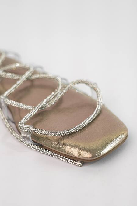 Shop Sana K luxurious Footwear Gold Rhinestone Embellished Shoe Lace Flats Shop_Sana K luxurious Footwear_Gold Rhinestone Embellished Shoe Lace Flats