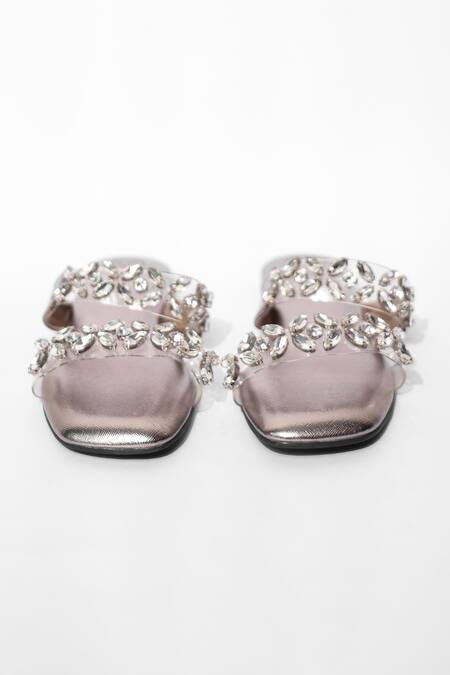 Sana K luxurious Footwear_Silver Crystal Embellished Flats _Online_at_Aza_Fashions