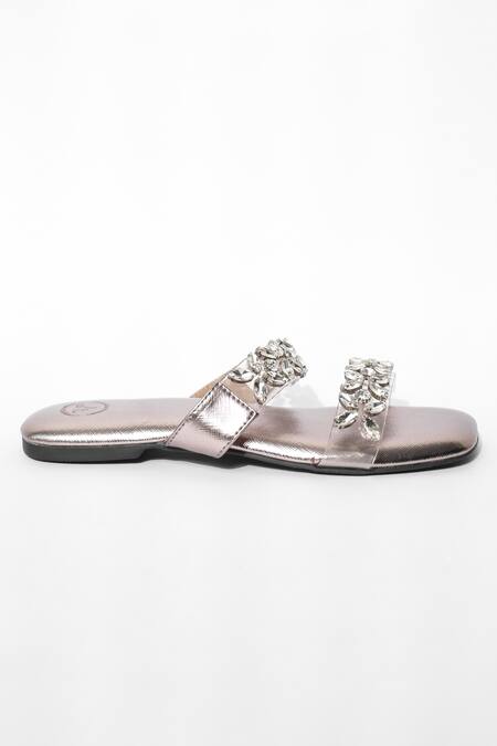 Shop_Sana K luxurious Footwear_Silver Crystal Embellished Flats _Online_at_Aza_Fashions