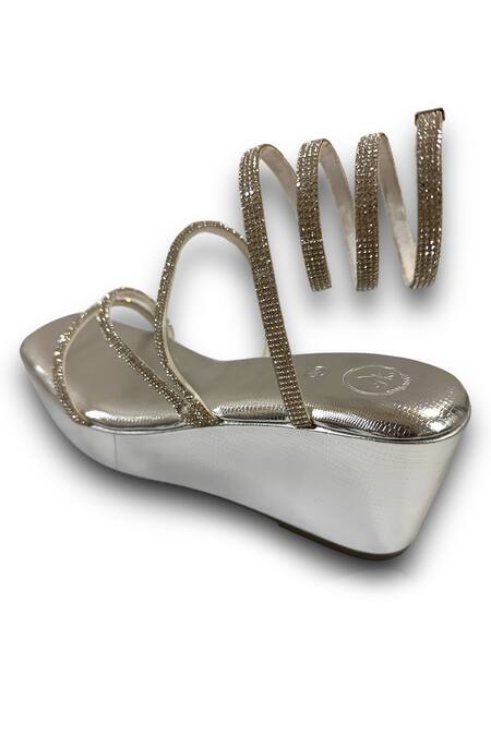 Shop_Sana K luxurious Footwear_Silver Diamonds Embellished Spring Wedges _Online_at_Aza_Fashions