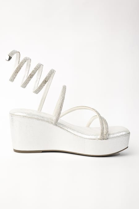 Shop_Sana K luxurious Footwear_Silver Rhinestones Diamante Embellished Spring Wedges _Online_at_Aza_Fashions