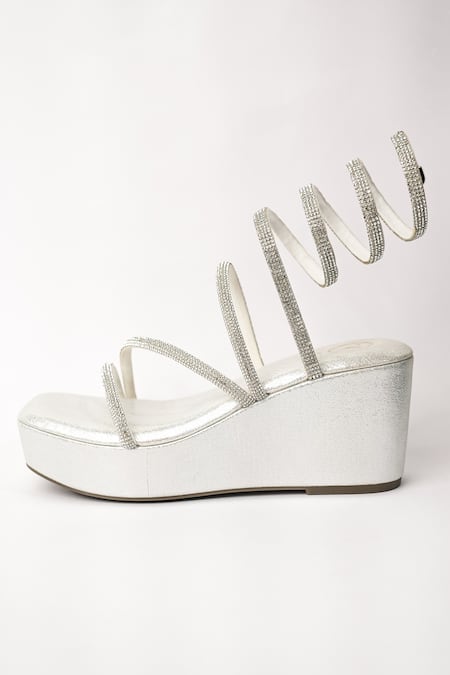 Sana K luxurious Footwear_Silver Rhinestones Diamante Embellished Spring Wedges _at_Aza_Fashions