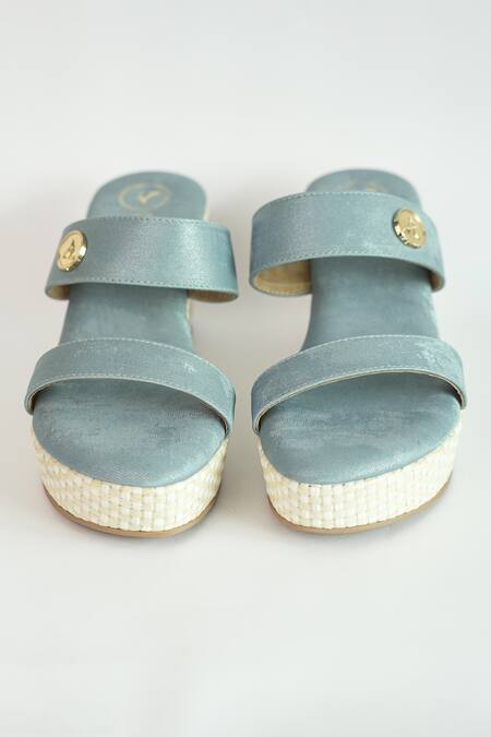 Sana K luxurious Footwear_Blue Brooches Dual Strap Wedges _Online_at_Aza_Fashions
