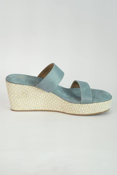Shop_Sana K luxurious Footwear_Blue Brooches Dual Strap Wedges _Online_at_Aza_Fashions