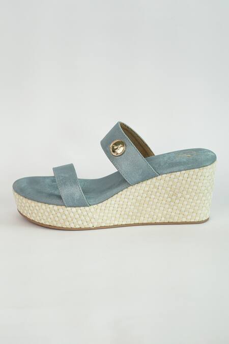 Sana K luxurious Footwear_Blue Brooches Dual Strap Wedges _at_Aza_Fashions