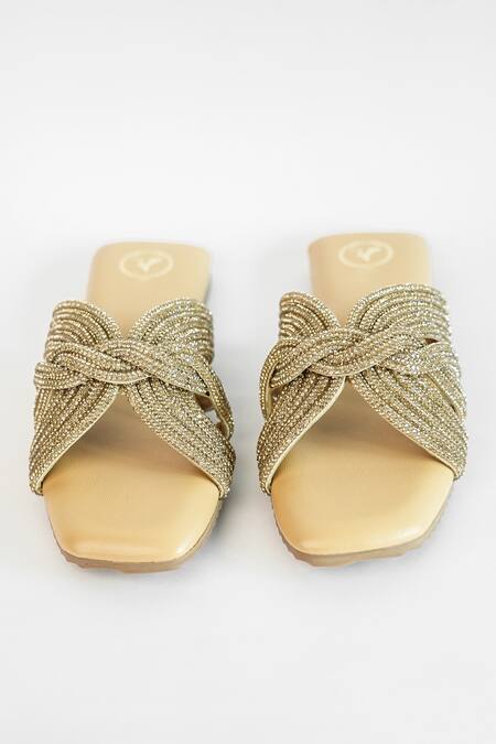 Sana K luxurious Footwear_Gold Twister Embellished Flats _Online_at_Aza_Fashions