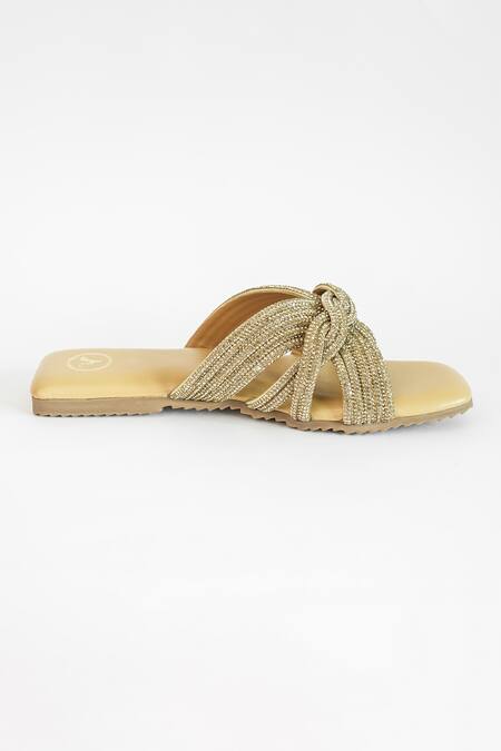 Shop_Sana K luxurious Footwear_Gold Twister Embellished Flats _Online_at_Aza_Fashions